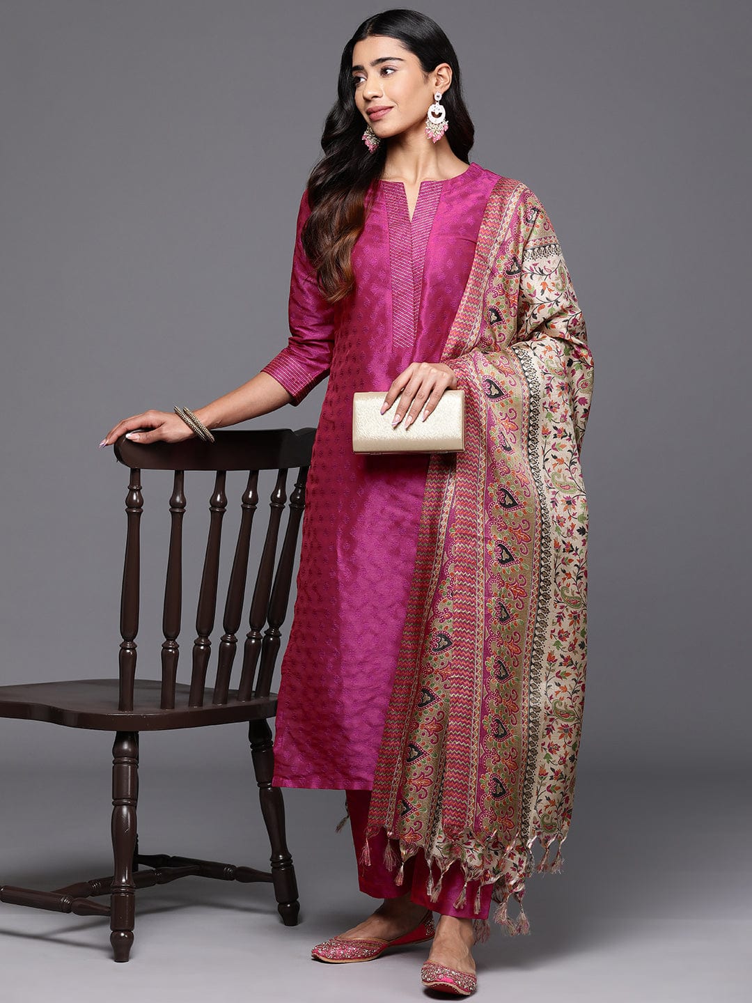 Varanga Varanga Women Pink Woven Zari Embroidered Straight Kurta With Bottom ...