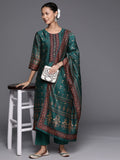 Varanga Women Green Chanderi Floral Printed Placket Embroidered Straight Kurta Paired With Tonal Solid Bottom And Printed Dupatta