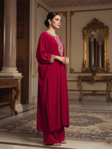 Zari Embroidered Neck Flared Kaftan with Trouser