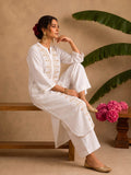 Ivory White Embroidered Kurta With Mandarin Collar And Geometric Thread Work