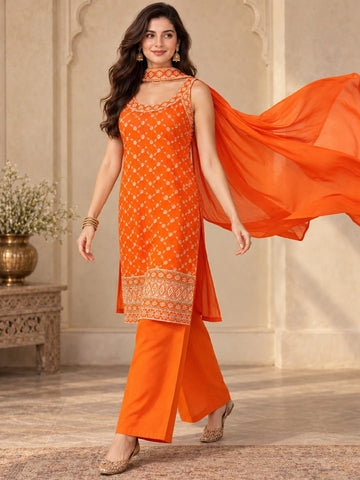 Varanga Women Ethnic Motifs Embroidered Regular Thread Work Kurta with Palazzos & With Dupatta