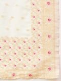 Varanga Women Elegant White 3-Piece Suit Set With Woven Kurta, Straight Pants, And A Rich Brocade Dupatta.