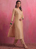 Beige Embroidered Chanderi Kurta Set With Straight Pants And Organza Dupatta.