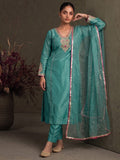 Teal Blue Silk-Blend Embroidered A-Line Kurta With Trousers