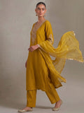 Mustard Straight-Fit Kurta With Embroidered Yoke, Paired With Solid Ankle-Length Trousers