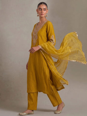 Mustard Straight-Fit Kurta With Embroidered Yoke, Paired With Solid Ankle-Length Trousers