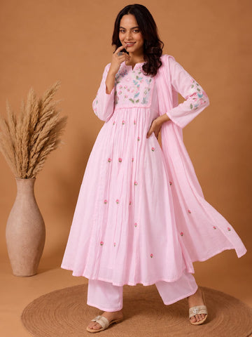 Varanga Women Floral Embroidered Empire Thread Work Pure Cotton Kurta with Trousers & With Dupatta
