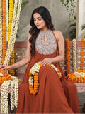 Varanga Women Rust Yoke Embroidered Sleeveless Flared Kurta With Trousers.