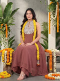 Varanga Women Nude Yoke Embroidered Sleeveless Flared Kurta With Trousers.