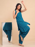 Women Teal Blue Solid Kurta Set With Farsi Salwar & Striped Dupatta