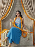 Varanga Women Halter Neck Blue Sleeveless Flared Kurta Paired With Tonal Bottom