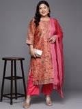 Varanga Women Plus Size Peach Floral Printed Chanderi Kurta Trouser Set With Bhgalpuri Silk Dupatta.