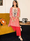 Cotton Striped Printed A-Line Kurta With Solid Trouser
