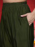 Varanga Women Olive Green Round Neck Kurta With Tonal Bottom & Printed Dupatta