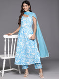 Varanga Women Blue Floral Printed Sleevless Anarkali Kurta With Bottom