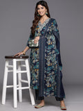 Varanga Women Blue Floral Print And Embroidered Kurta With Bottom And Dupatta