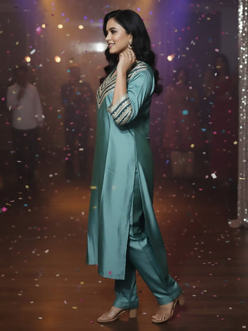 Zari Embroidered Lace Neck Flared Kaftan with Trouser