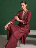Womens Maroon Mirror-Work Silk Kurta Set