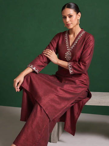 Womens Maroon Mirror-Work Silk Kurta Set