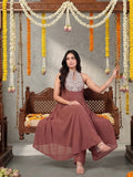 Varanga Women Nude Yoke Embroidered Sleeveless Flared Kurta With Trousers.