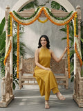 Varanga Women Mustard Halter Neck Straight Lurex Kurta with trouser