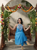 Varanga Women Halter Neck Blue Sleeveless Flared Kurta Paired With Tonal Bottom
