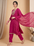 Kurta Adorned With Thread Embroidery, Teamed With Trousers And Paired With Dupatta With And Lace Detailing
