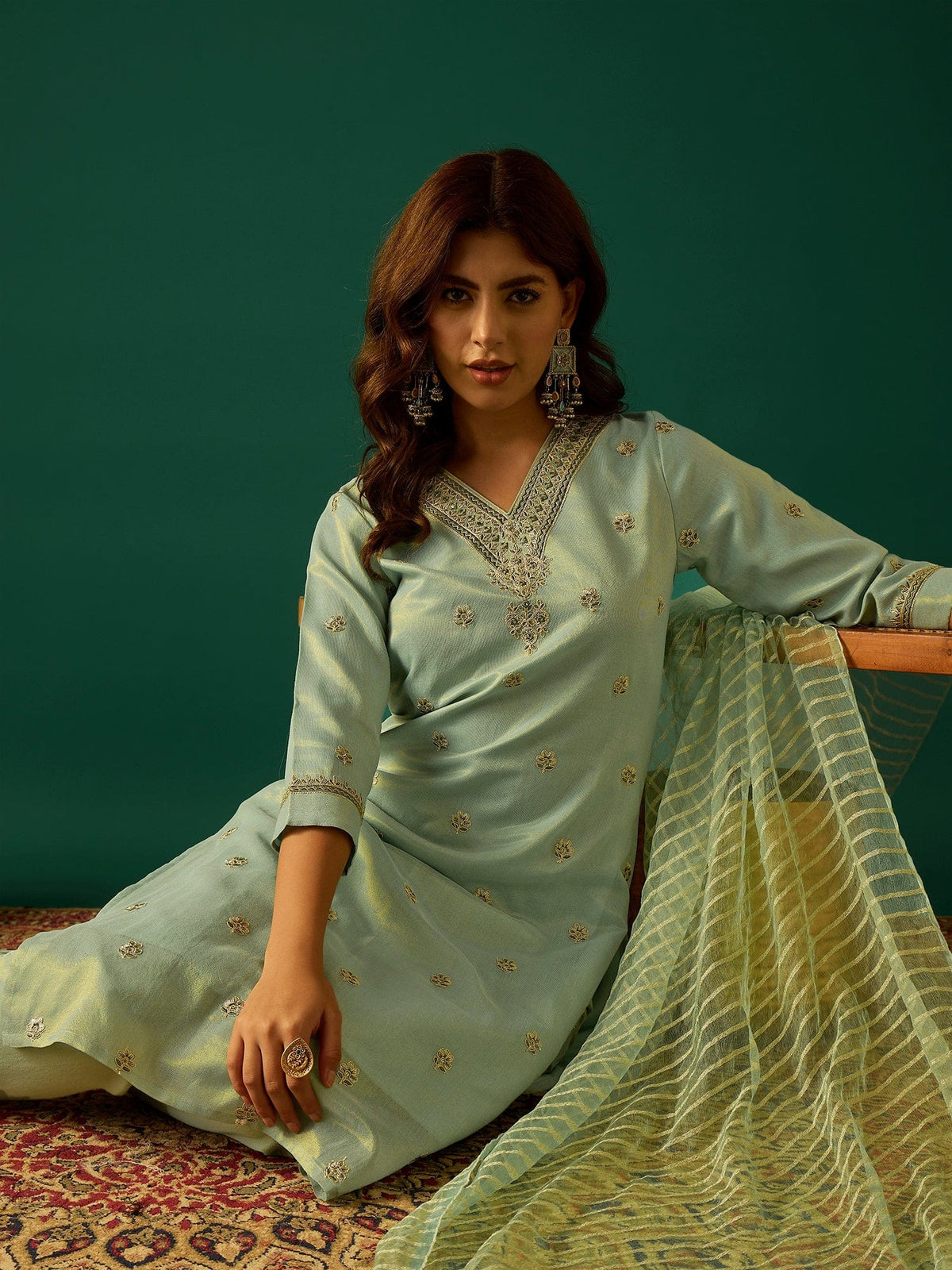 Zari-Embroidered Kurta Paired With Solid Trousers And A Tonal Dupatta