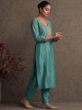 Teal Blue Silk-Blend Embroidered A-Line Kurta With Trousers