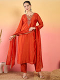 A Gracefully Beaded Yoke Kurta Paired With Solid Trousers And A Matching Dupatta