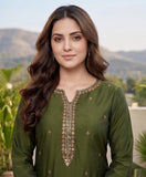 Varanga Women Olive Green Round Neck Kurta With Tonal Bottom & Printed Dupatta
