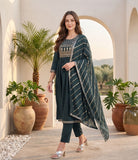 Varanga Women Grey Yoke Embroidered Straight Kurta Paired With Tonal Solid Bottom And Dupatta