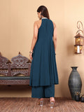 Varanga Women Nude Yoke Embroidered Sleeveless Flared Kurta With Trousers.