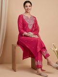Fuchsia Straight-Fit Kurta Set With Solid Ankle-Length Trousers And An Embroidered Dupatta