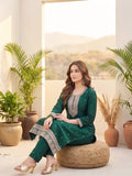 Vichitra Bead-Embellished Round Neck Kurta Solid Ankle-Length Trousers, And An Elegant Embroidered Dupatta