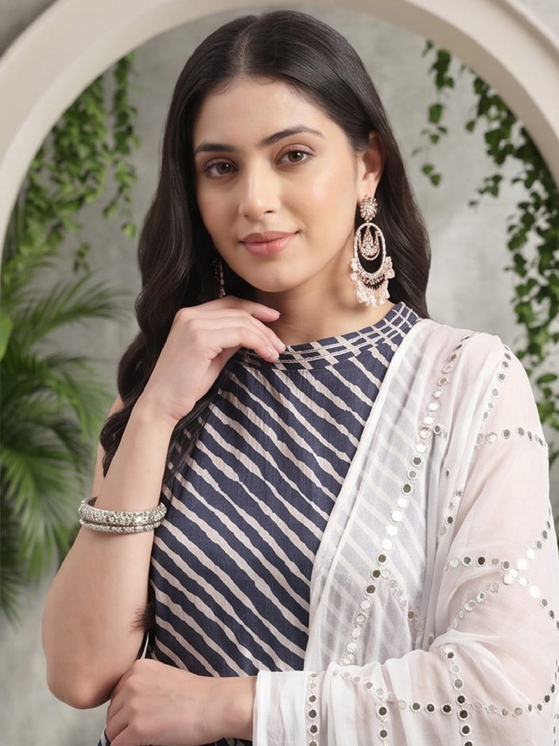 Varanga Blue And White Leheriya Halter Neckline Gota Work Kurta With Sharara And Sequins Emebllished Dupatta.