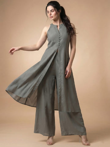 Solid Grey Halter Neck Front Slit Kurta With Palazzos