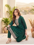 Vichitra Bead-Embellished Round Neck Kurta Solid Ankle-Length Trousers, And An Elegant Embroidered Dupatta