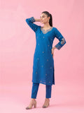 Blue Embroidered Chanderi Kurta Set With Straight Pants And Zari-Bordered Dupatta.