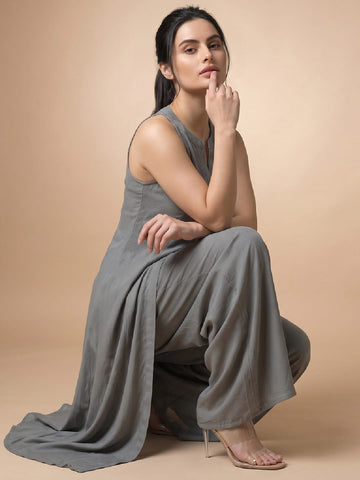 Solid Grey Halter Neck Front Slit Kurta With Palazzos