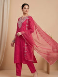 Fuchsia Straight-Fit Kurta Set With Solid Ankle-Length Trousers And An Embroidered Dupatta