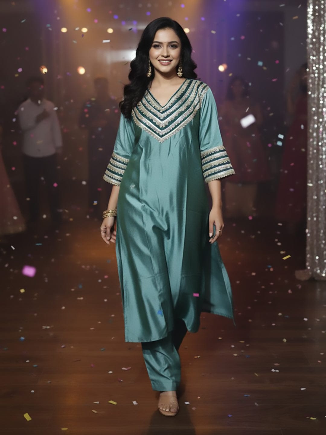 Zari Embroidered Lace Neck Flared Kaftan with Trouser