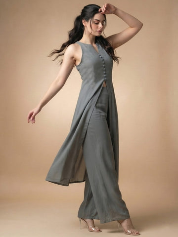 Solid Grey Halter Neck Front Slit Kurta With Palazzos