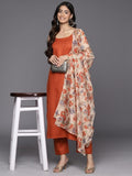 Varanga Rust Regular Round Neck Kurta With Trousers & Dupatta