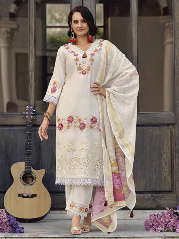 Varanga Women Floral Heavy Thread Embroidered Schffili Hem Kurta With Trouser & Dupatta