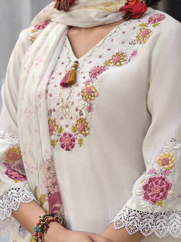 Varanga Women Floral Heavy Thread Embroidered Schffili Hem Kurta With Trouser & Dupatta