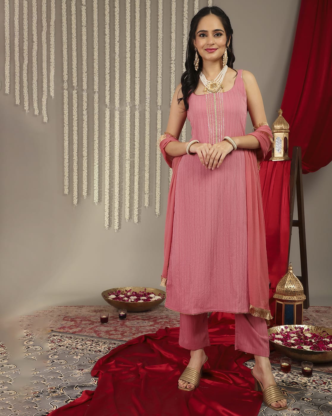 Varanga Women Mauve Straight Kurta With Tonal Ottom & Dupatta