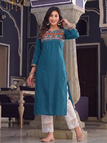 Women's Blue Yoke Embroidered Straight Kurta