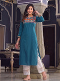 Women's Blue Yoke Embroidered Straight Kurta