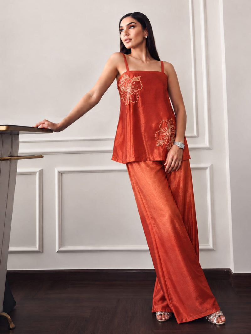 Varanga Women Floral Embroidered Regular Thread Work Silk Crepe Top with Palazzos
